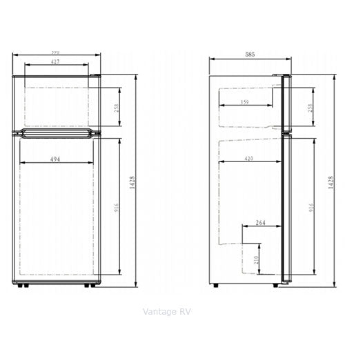 VRV250 2 door compressor fridge freezer 1425(h) x 595(w) x 575(d)